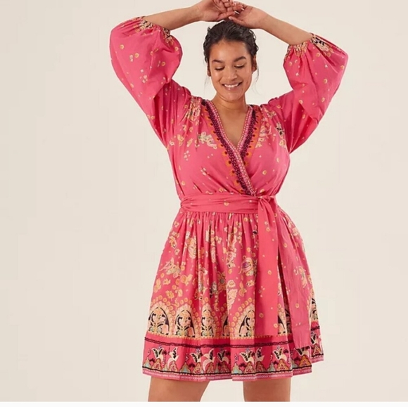 Anthropologie Raquel Long Sleeve Beaded Embroidered Mini Wrap Dress Pink M - Picture 5 of 17